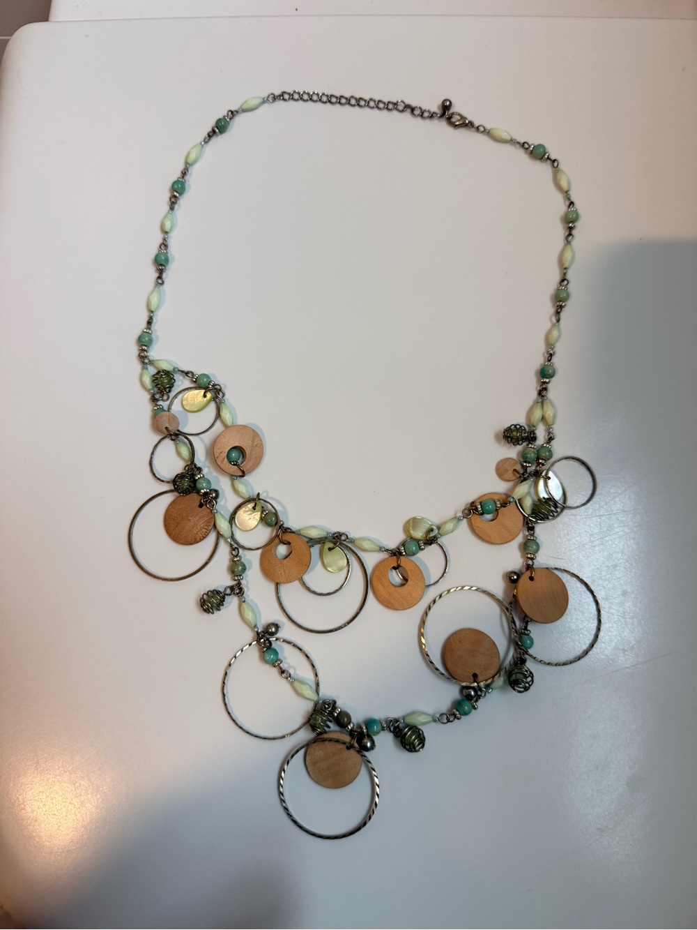 Boho Multi-Ring Wooden Disc Necklace in Green and Cream